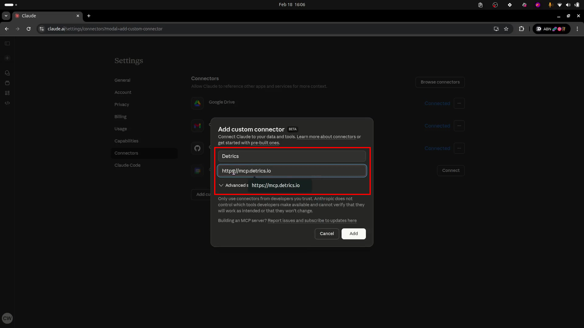 The Add custom connector dialog with the Detrics name and the mcp.detrics.io URL filled in