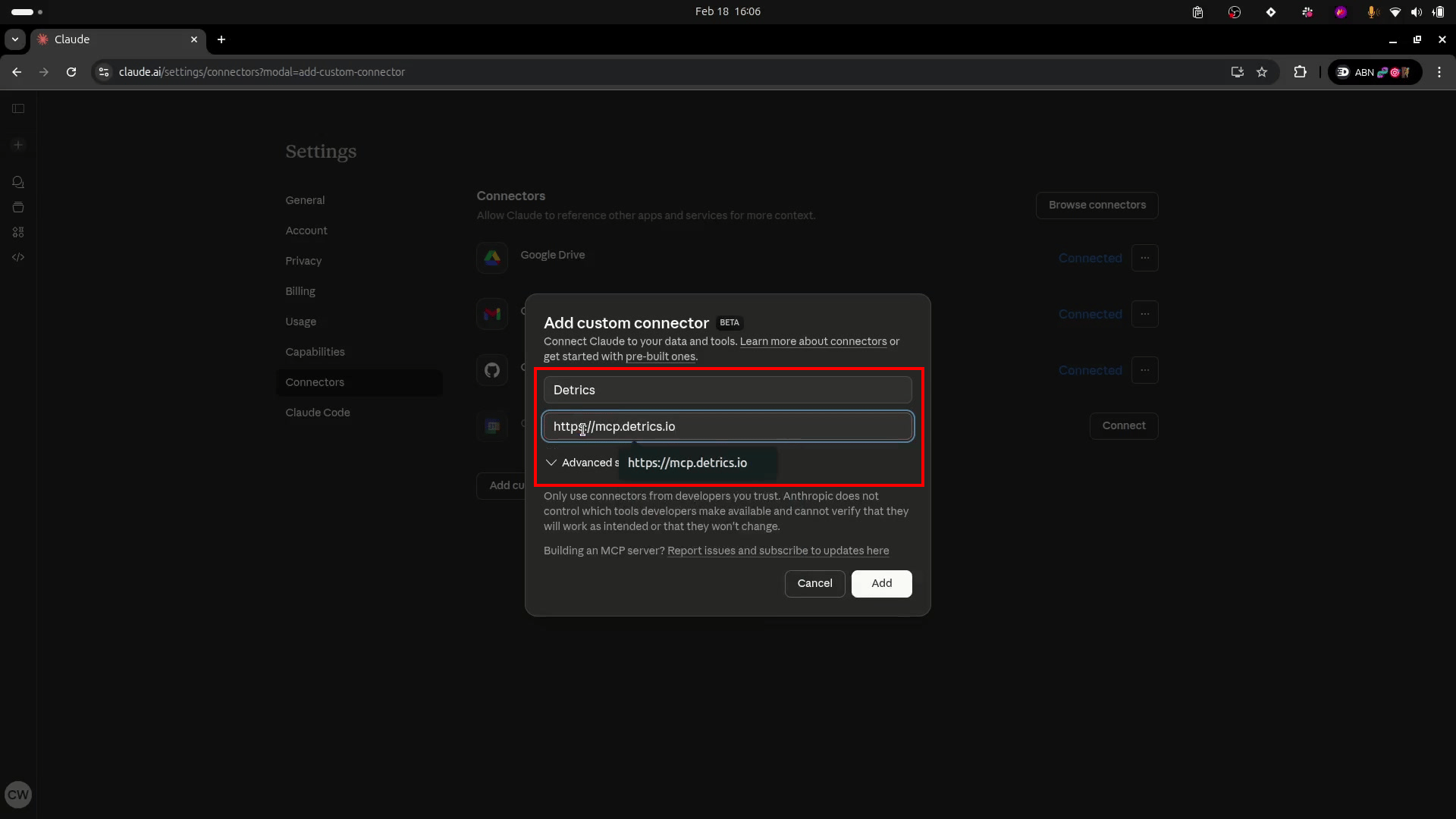 The Add custom connector dialog with the Detrics name and the mcp.detrics.io URL filled in