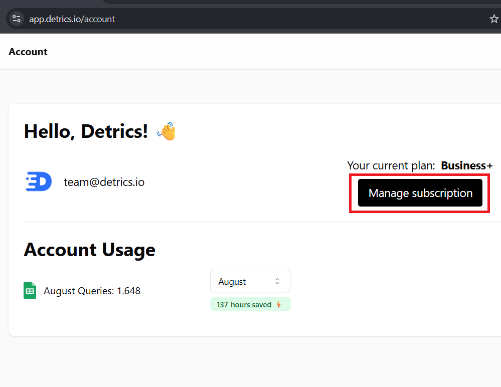 Manage subscription button in Detrics account page