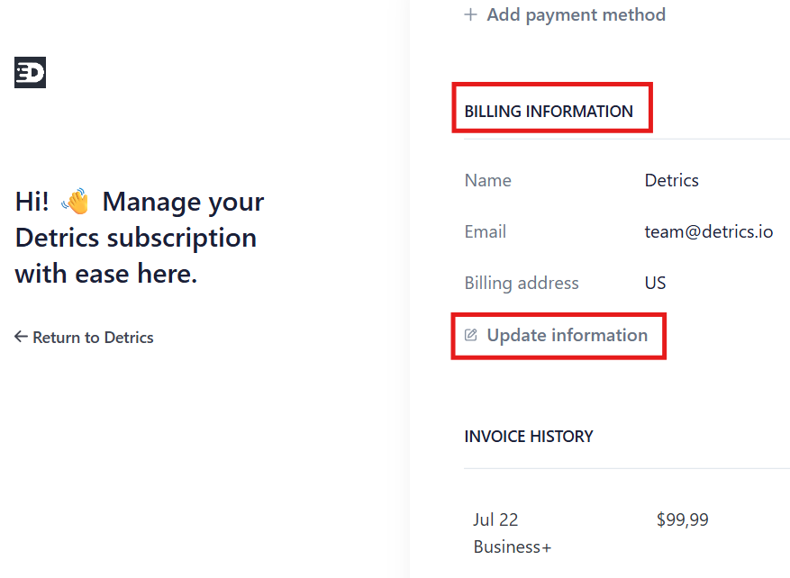 Update billing information in Stripe portal