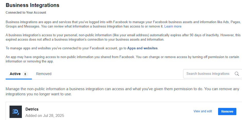 Facebook Business Tools - Remove Detrics App