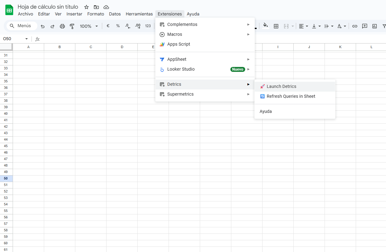 Google Sheets Extensions Menu - Detrics Launch
