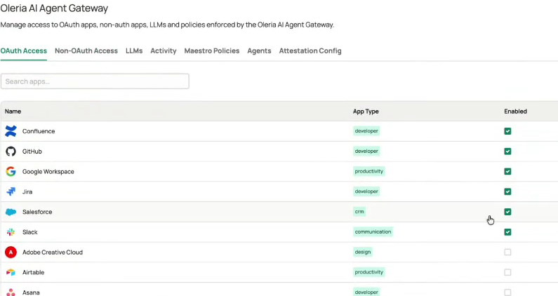 Oleria AI Agent Gateway console on the OAuth Access tab, showing the application catalog with Enabled checkboxes