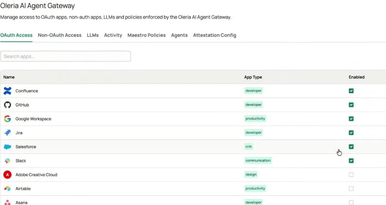 Oleria AI Agent Gateway console on the OAuth Access tab, showing the application catalog with Enabled checkboxes