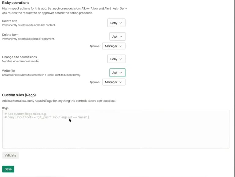 Risky operations with Write file set to Ask and its approver set to Manager, above the Rego editor and Save button