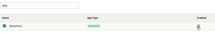The application catalog filtered to SharePoint, showing its app type and the Enabled checkbox