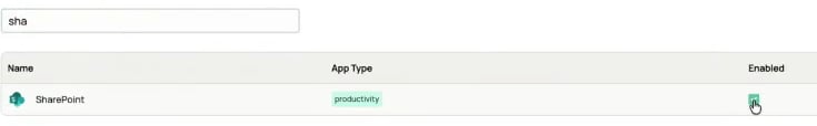 The application catalog filtered to SharePoint, showing its app type and the Enabled checkbox