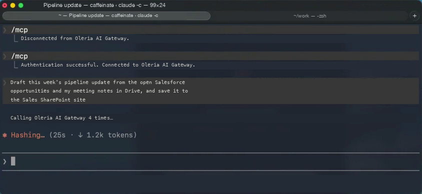 Agent session connected to the Oleria AI Gateway, running a request to draft a pipeline update from Salesforce opportunities and notes in Drive and save it to SharePoint