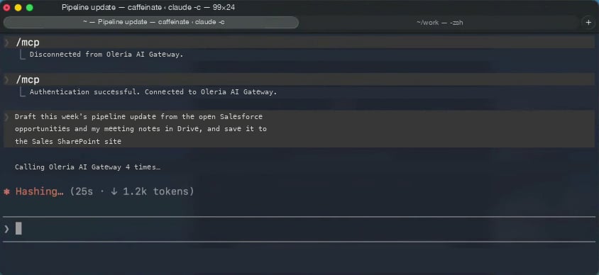 Agent session connected to the Oleria AI Gateway, running a request to draft a pipeline update from Salesforce opportunities and notes in Drive and save it to SharePoint