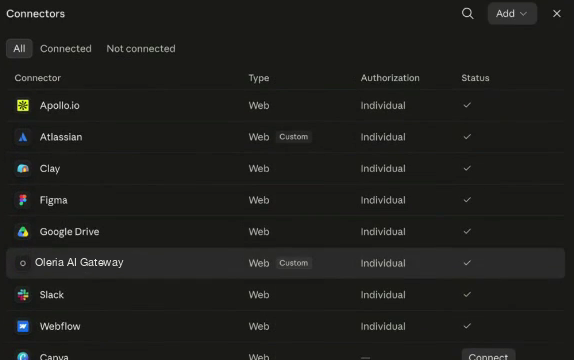 Claude connector settings listing the Oleria AI Gateway as a custom web connector with individual authorization