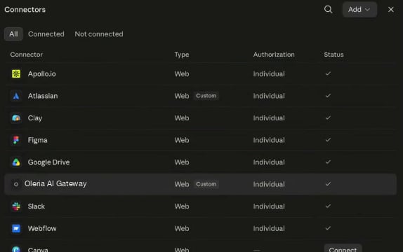 Claude connector settings listing the Oleria AI Gateway as a custom web connector with individual authorization