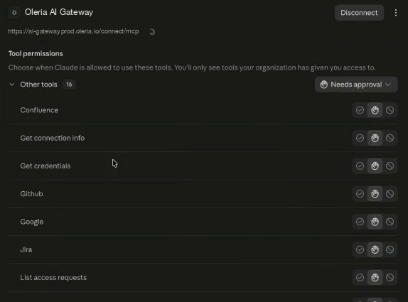 Connector settings showing the Oleria AI Gateway connected, its MCP URL, and tool permissions for Confluence, Github, Google, Jira, and other tools