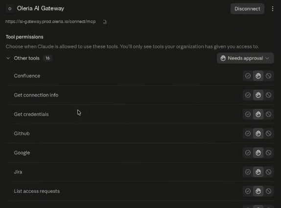 Connector settings showing the Oleria AI Gateway connected, its MCP URL, and tool permissions for Confluence, Github, Google, Jira, and other tools