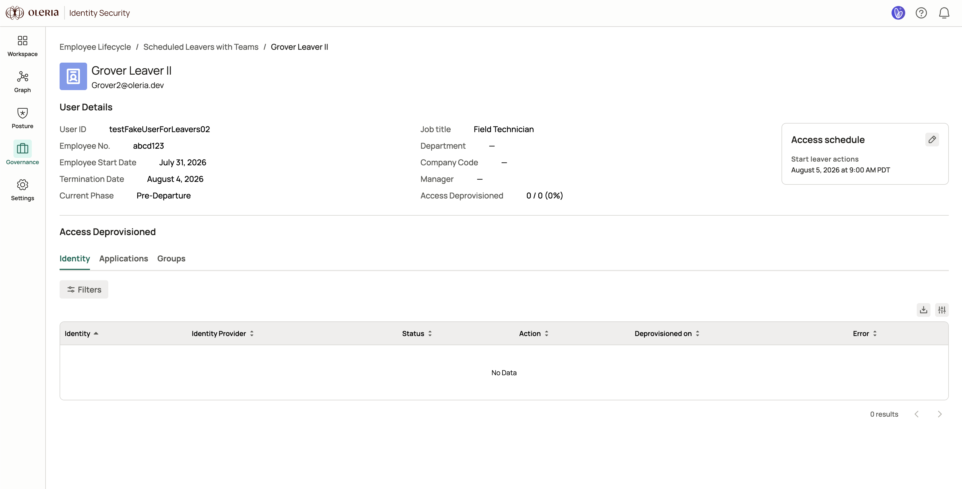 Employee event page showing the employee table with phase, status, and access deprovisioned columns