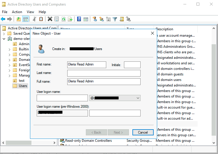 Log in to Active Directory and create a new user, for example, Oleria Read Admin.