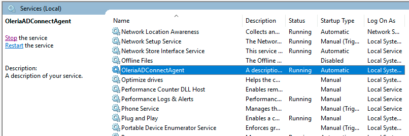 Windows Services panel showing OleriaADConnectAgent service running