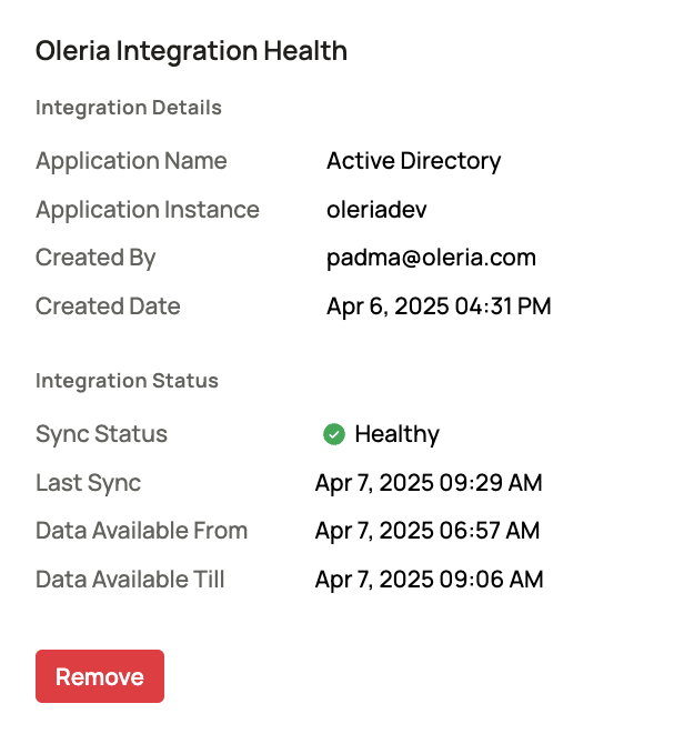 Oleria Connected Integrations panel showing Active Directory agent health status