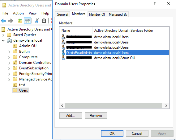 Active Directory Domain Users group with service account listed as member