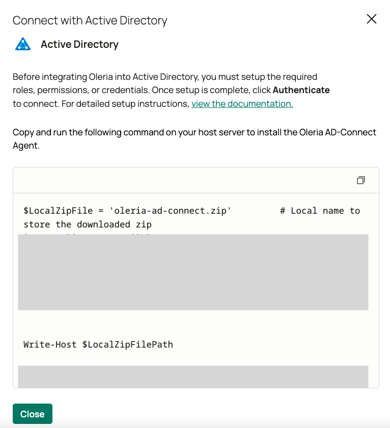 Oleria workspace showing PowerShell installation script with copy button