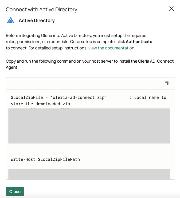 Oleria workspace showing PowerShell installation script with copy button