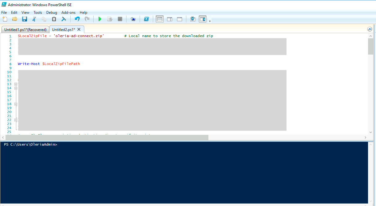 PowerShell terminal running Oleria AD Agent installation script