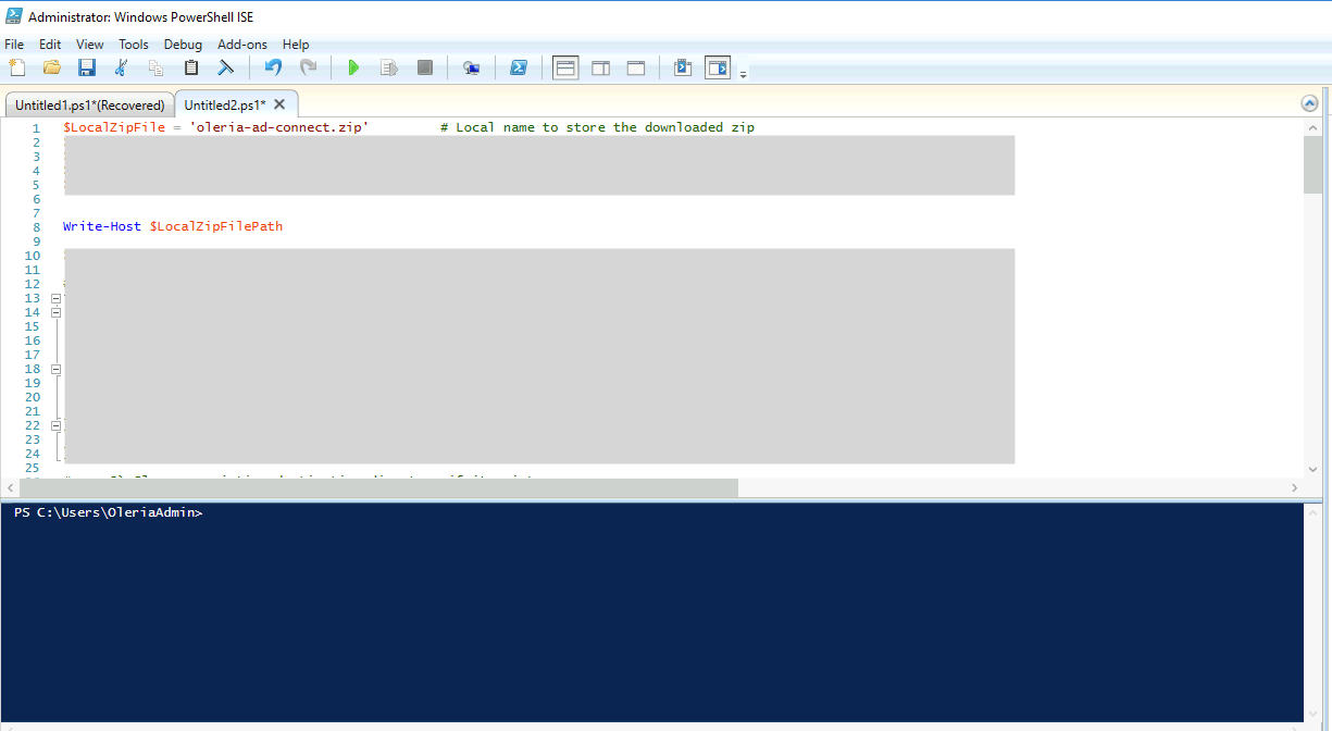 PowerShell terminal running Oleria AD Agent installation script