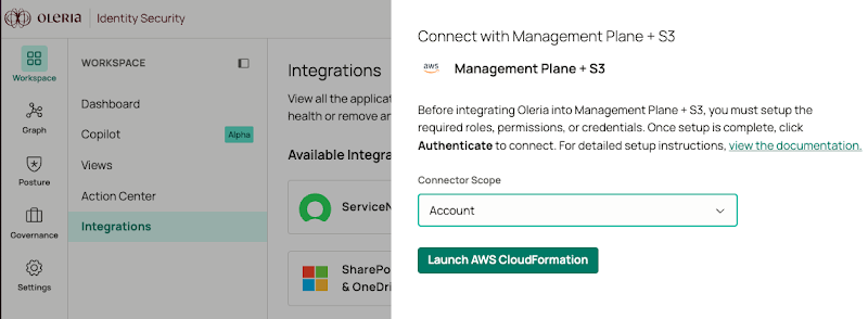 Oleria workspace AWS integration panel with account-level scope selected