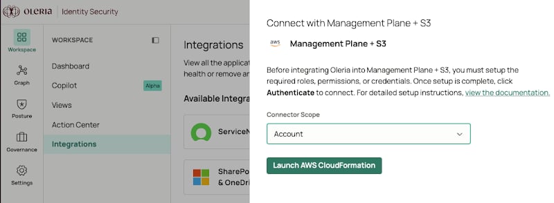 Oleria workspace AWS integration panel with account-level scope selected