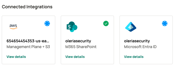 Oleria workspace Connected Integrations showing newly added AWS IAM and S3