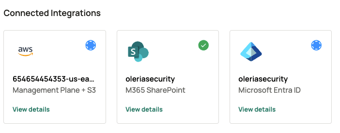 Oleria workspace Connected Integrations showing newly added AWS IAM and S3