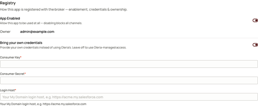 The Registry section of the Salesforce policy panel with Bring your own credentials turned on, showing empty Consumer Key, Consumer Secret, and Login Host fields