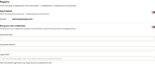 The Registry section of the Salesforce policy panel with Bring your own credentials turned on, showing empty Consumer Key, Consumer Secret, and Login Host fields