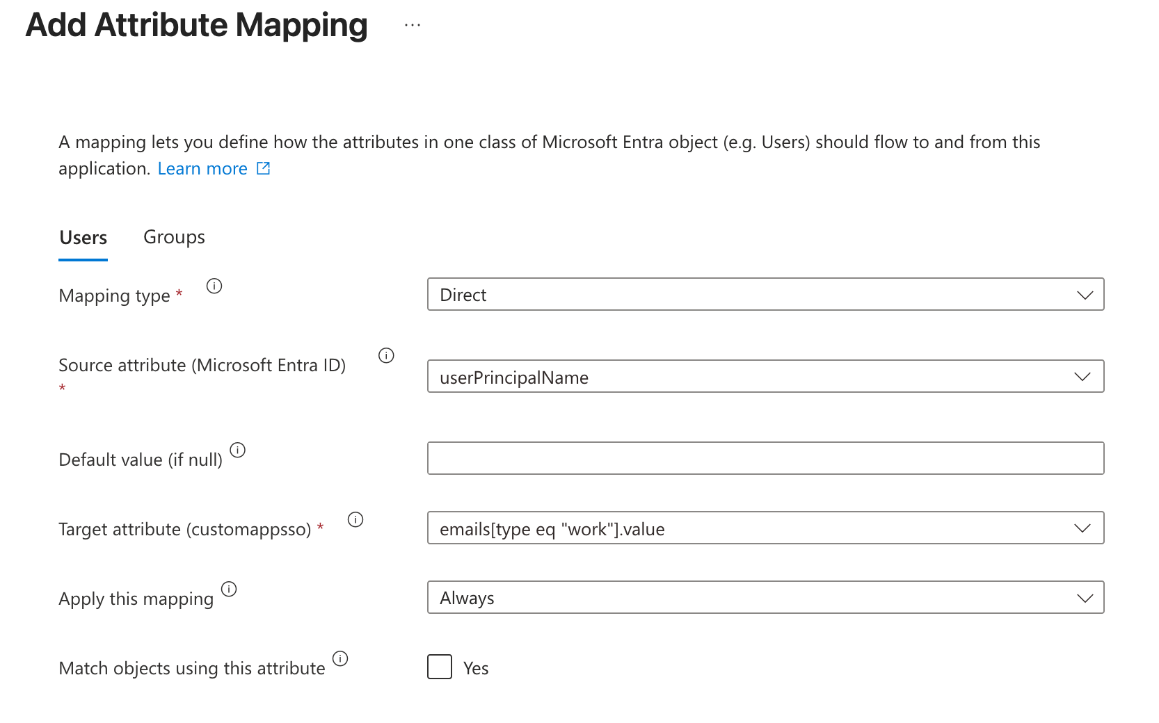 Image showing work emails attribute mapping