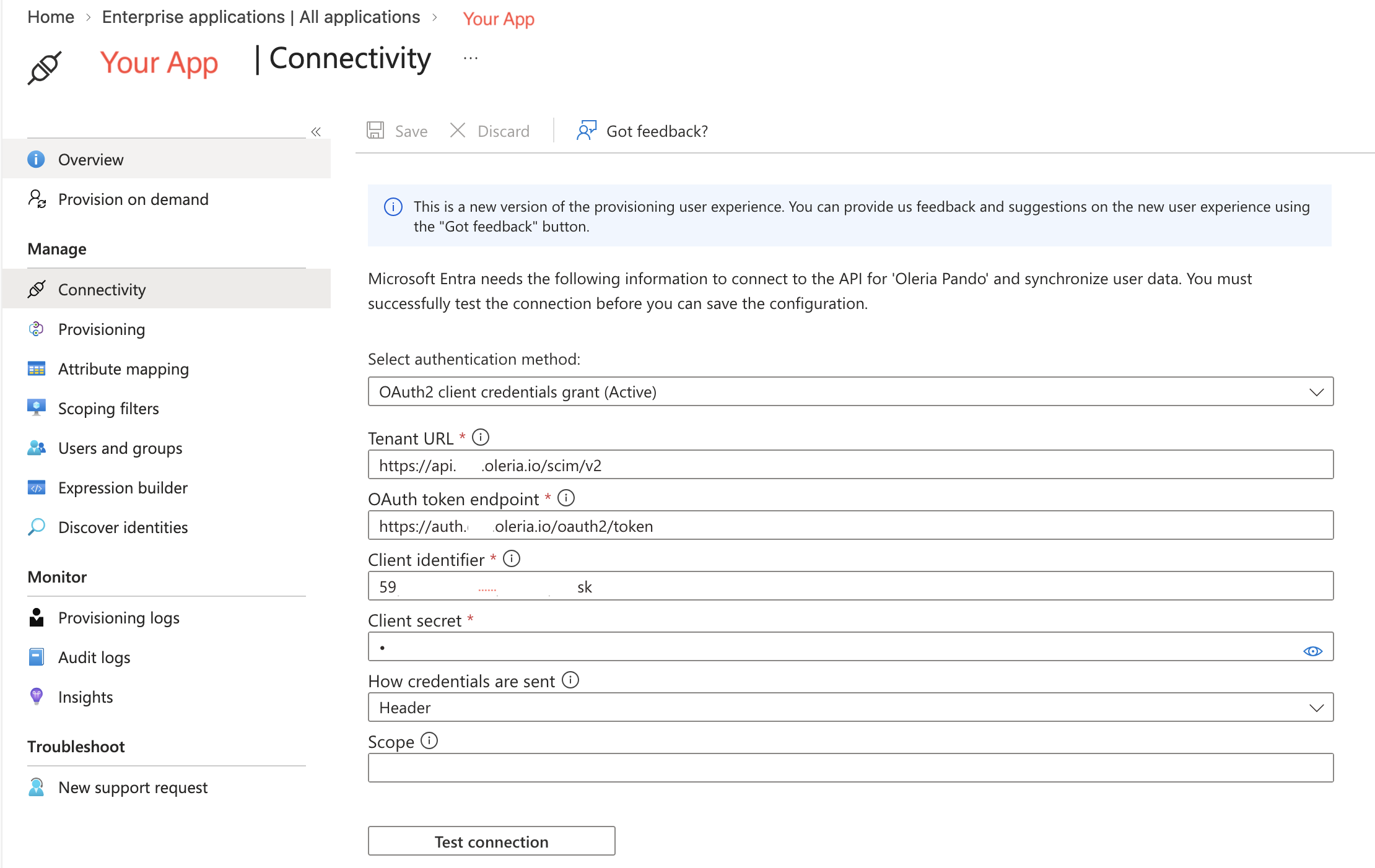 Image showing Entra Provisioning Connectivity section