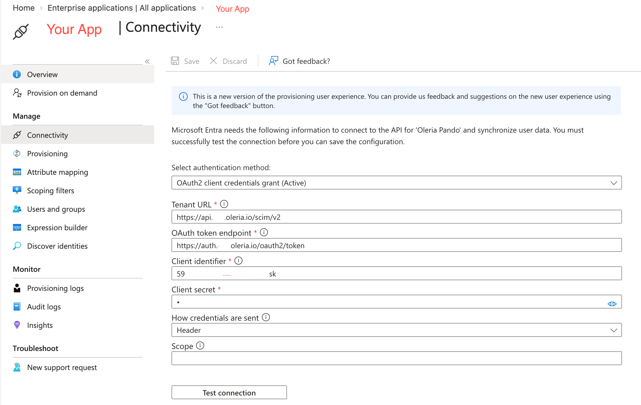 Image showing Entra Provisioning Connectivity section