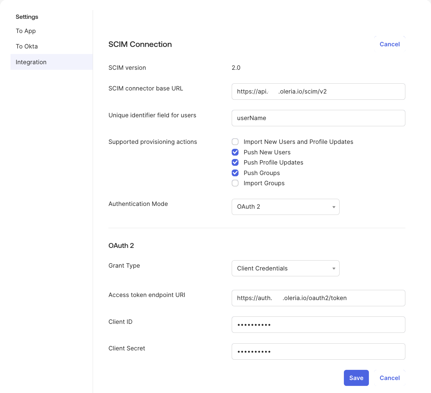 Image of Okta's SCIM connection settings