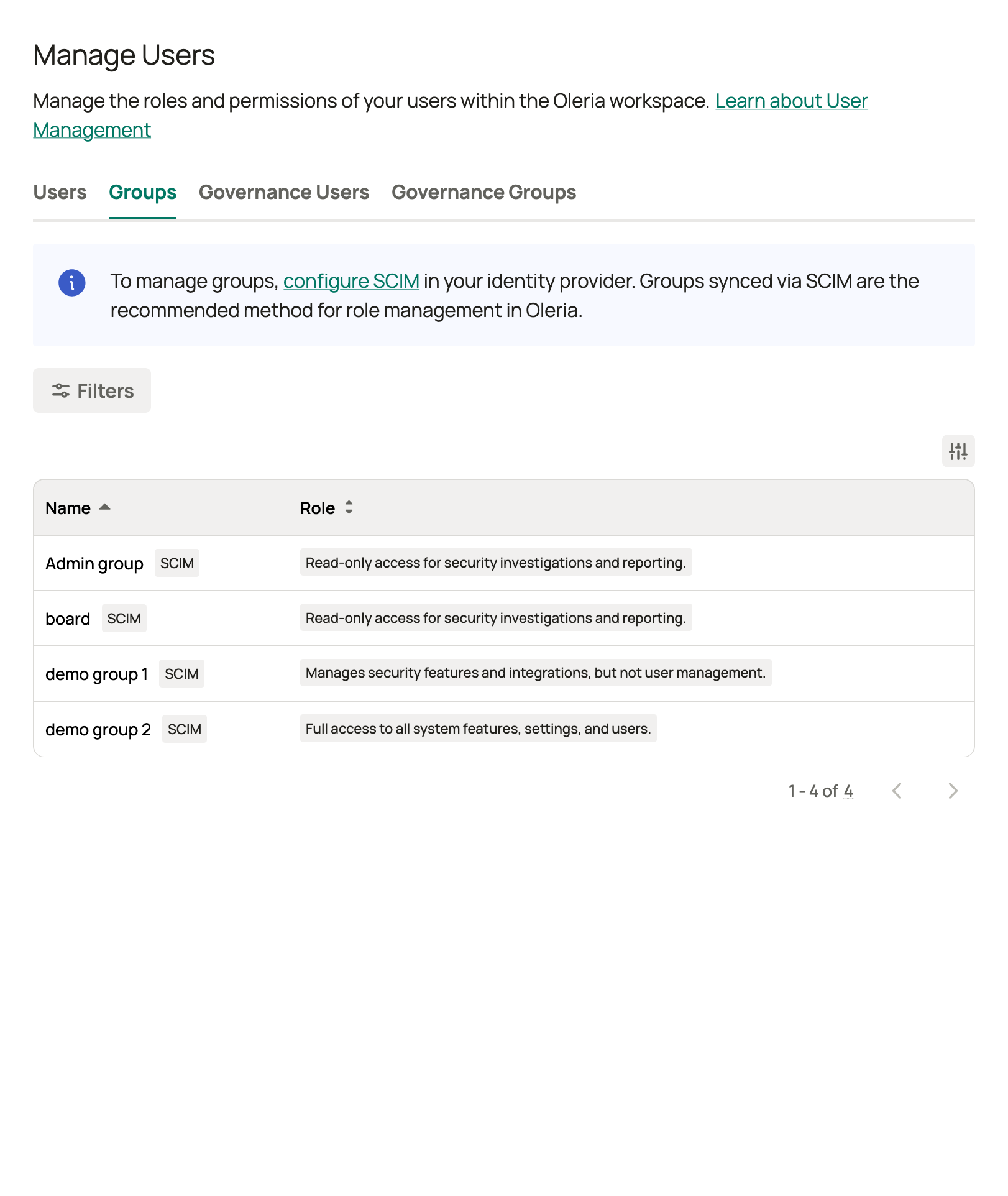 Image of Oleria's Manage Users page on Groups tab