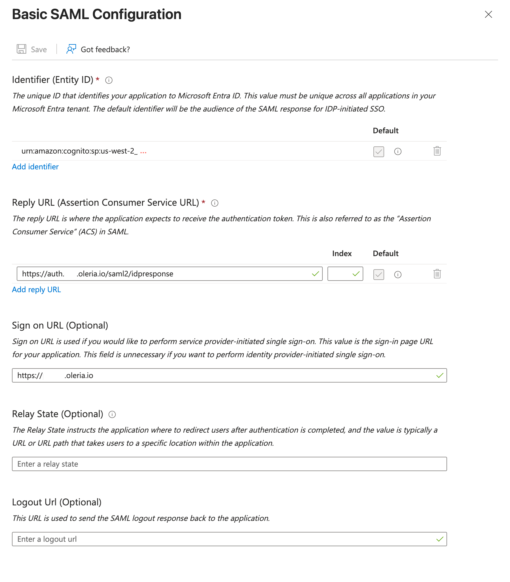 Image showing Basic SAML Configuration panel in Entra