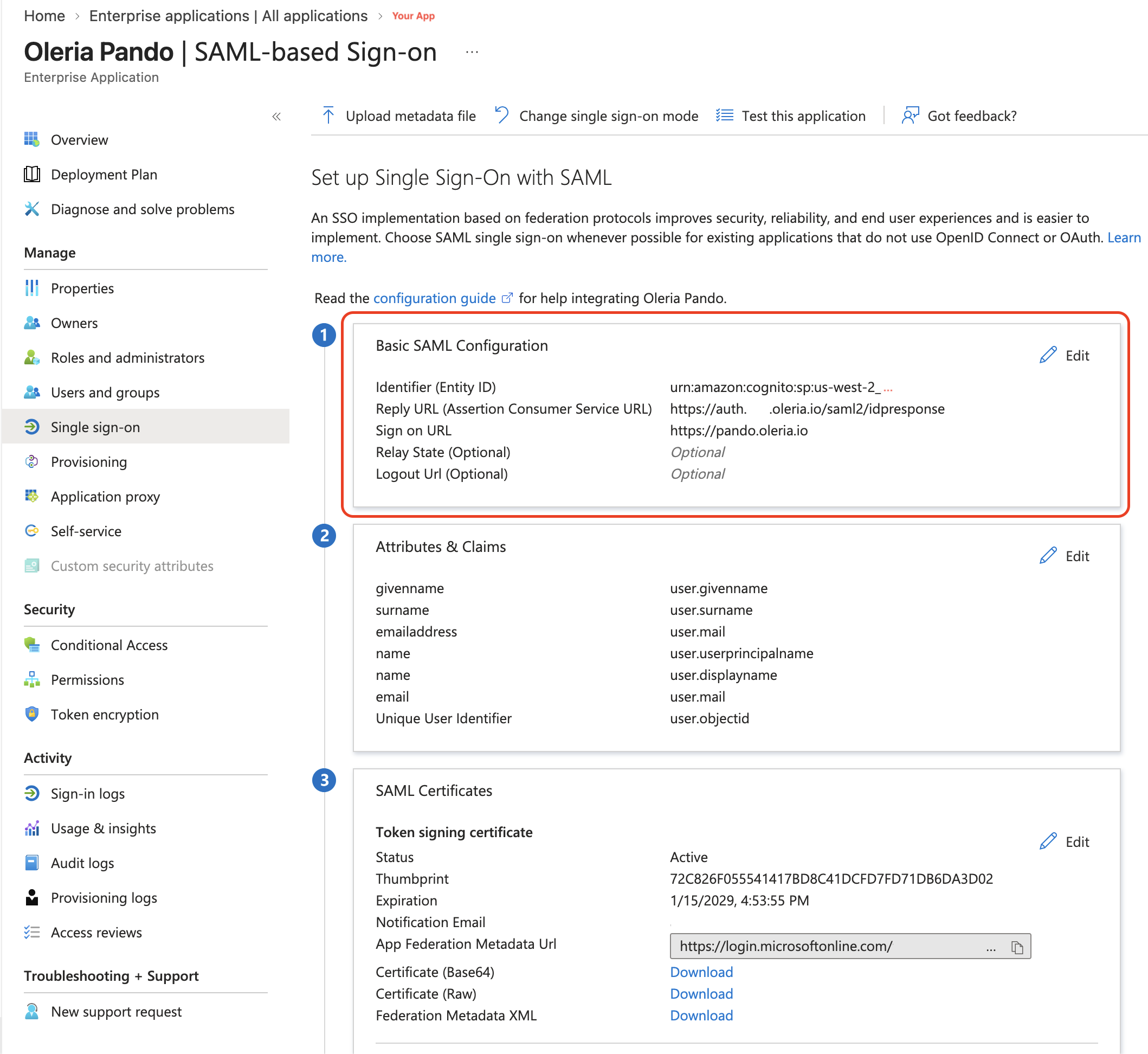 Image showing navigation to Basic SAML Configuration in Entra