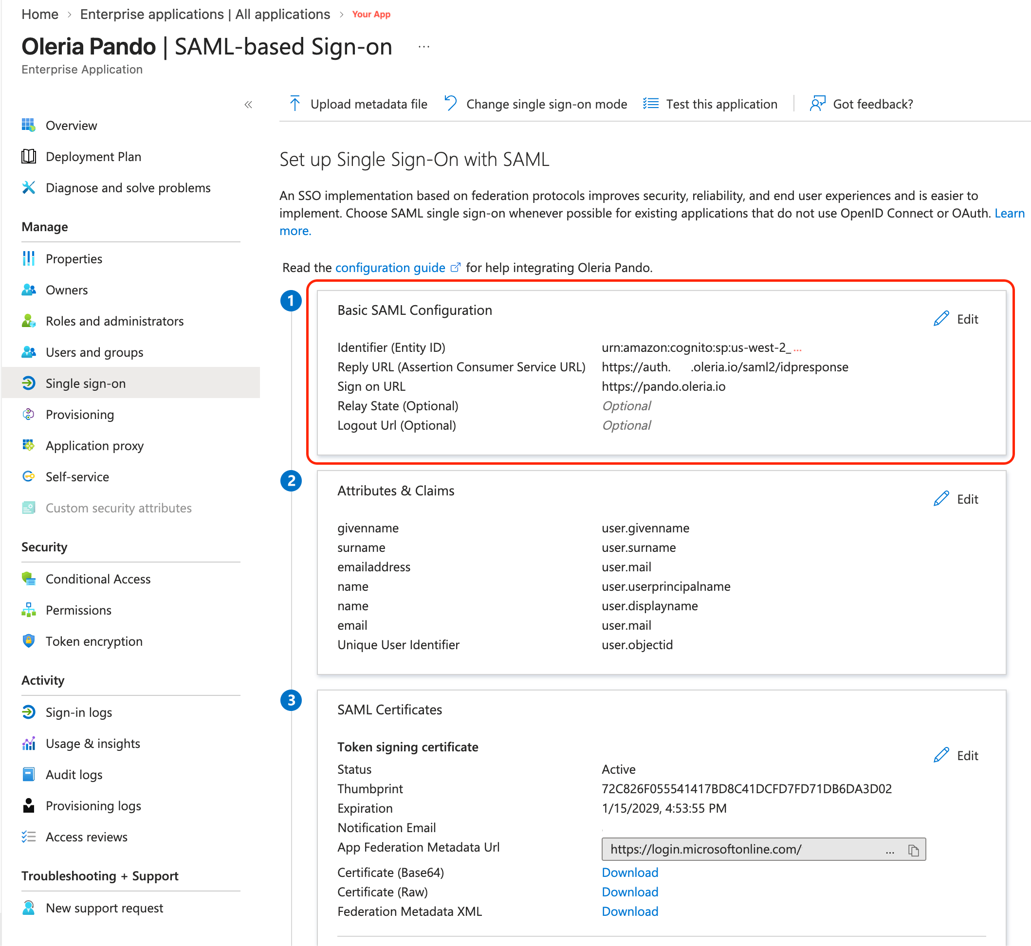 Image showing navigation to Basic SAML Configuration in Entra