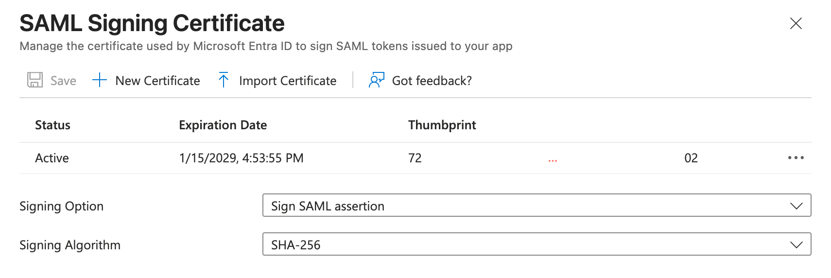 Image showing SAML Signing Certificate pannel in Entra