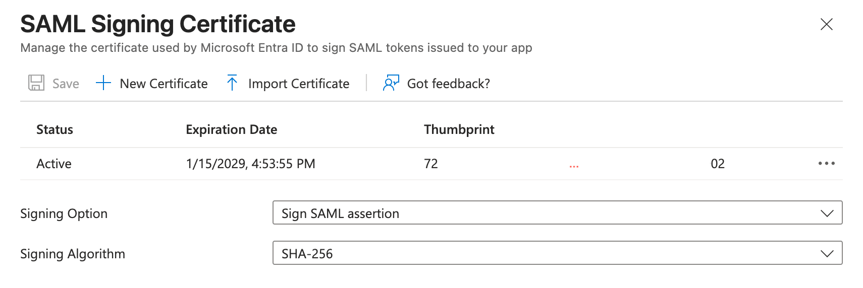 Image showing SAML Signing Certificate pannel in Entra