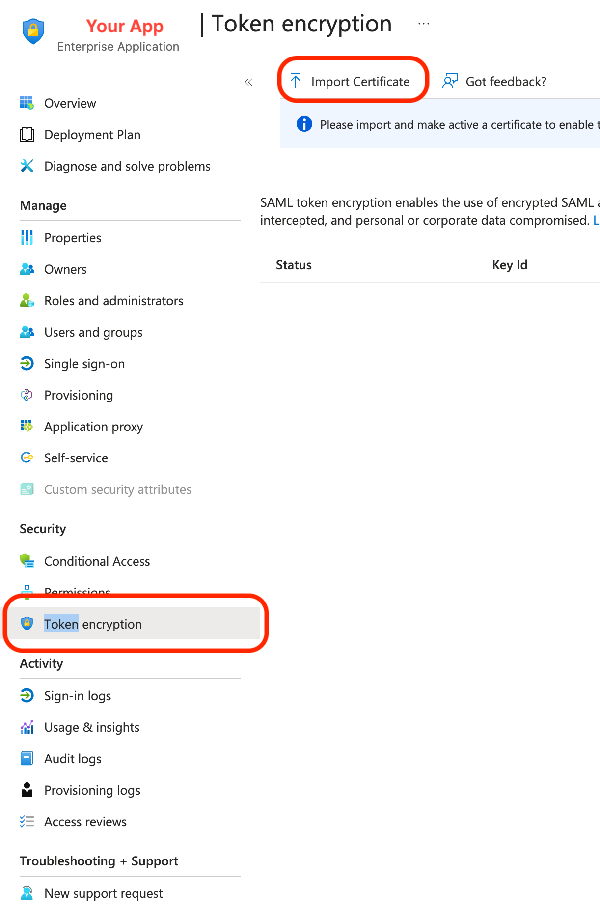Image showing Token encryption page in Entra