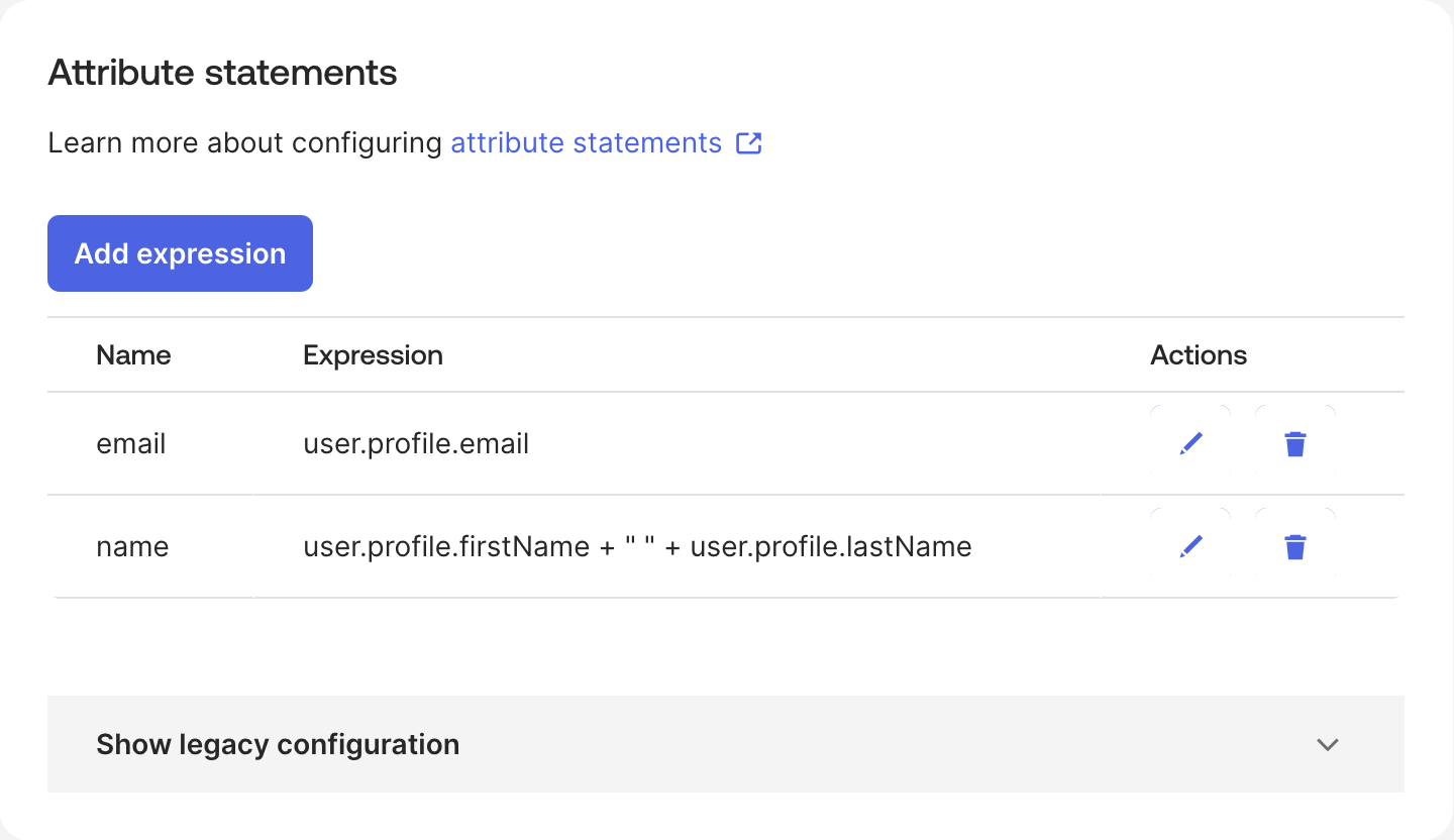Image of Okta's Sign On tab with Attribute Statements section