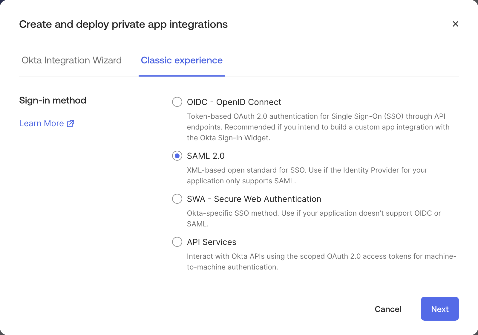 Image of the Integration Wizard vs Classic experience prompt