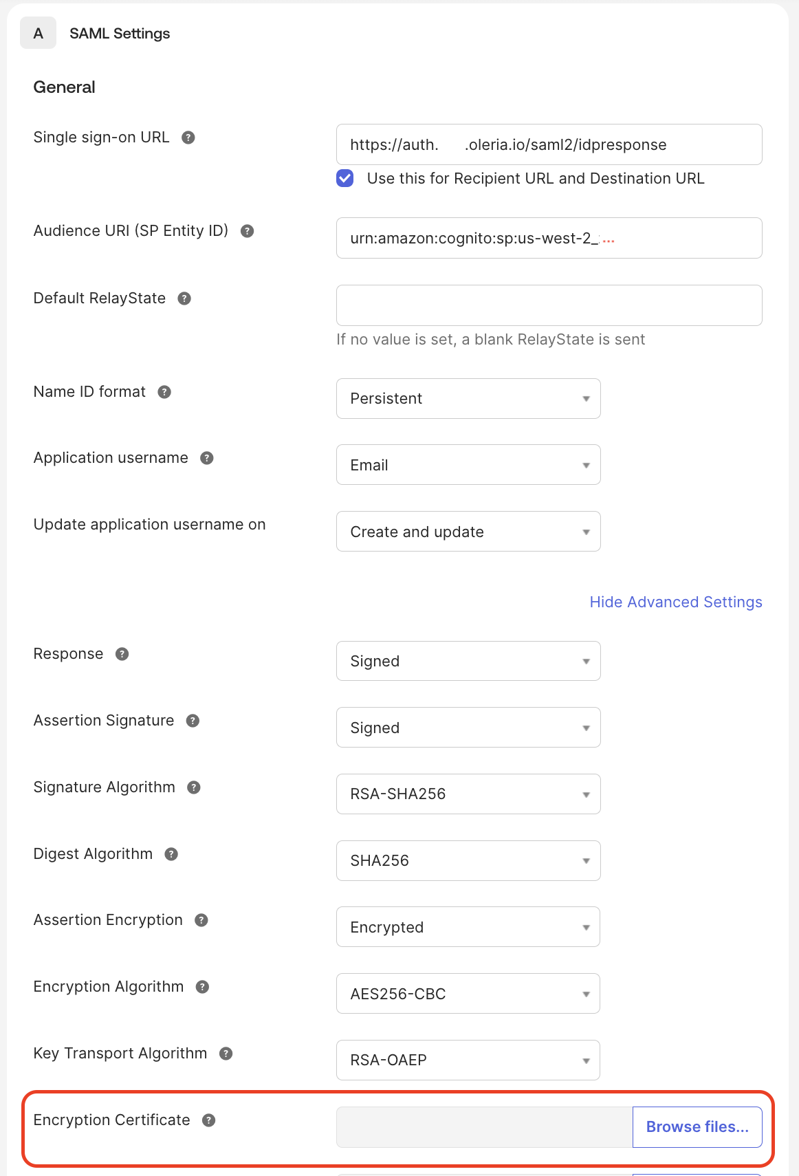 Image of Okta's SAML Settings advanced settings after setting Assertion Encryption to Encrypted