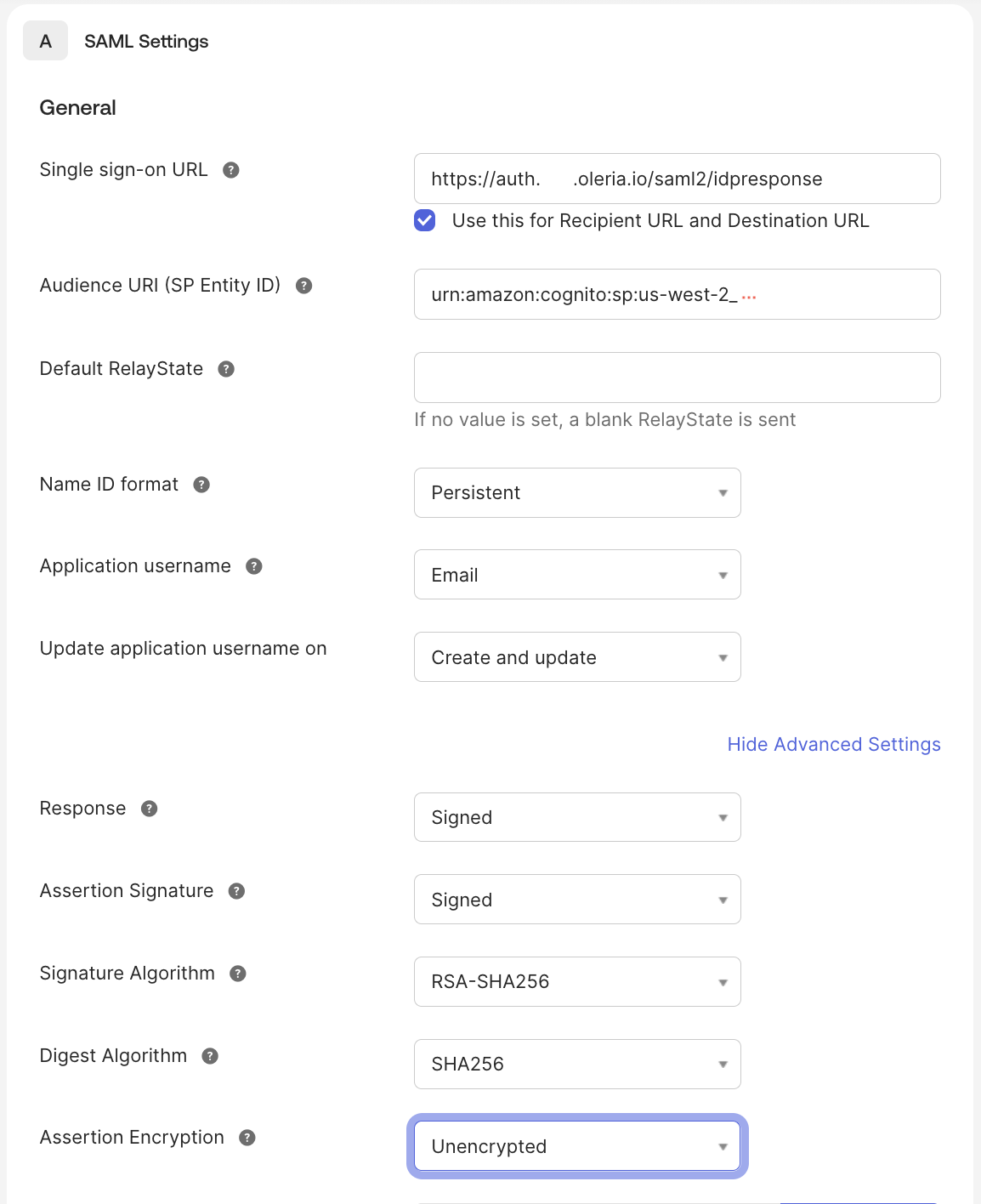 Image of Okta's SAML Settings advanced settings before setting Assertion Encryption to Encrypted
