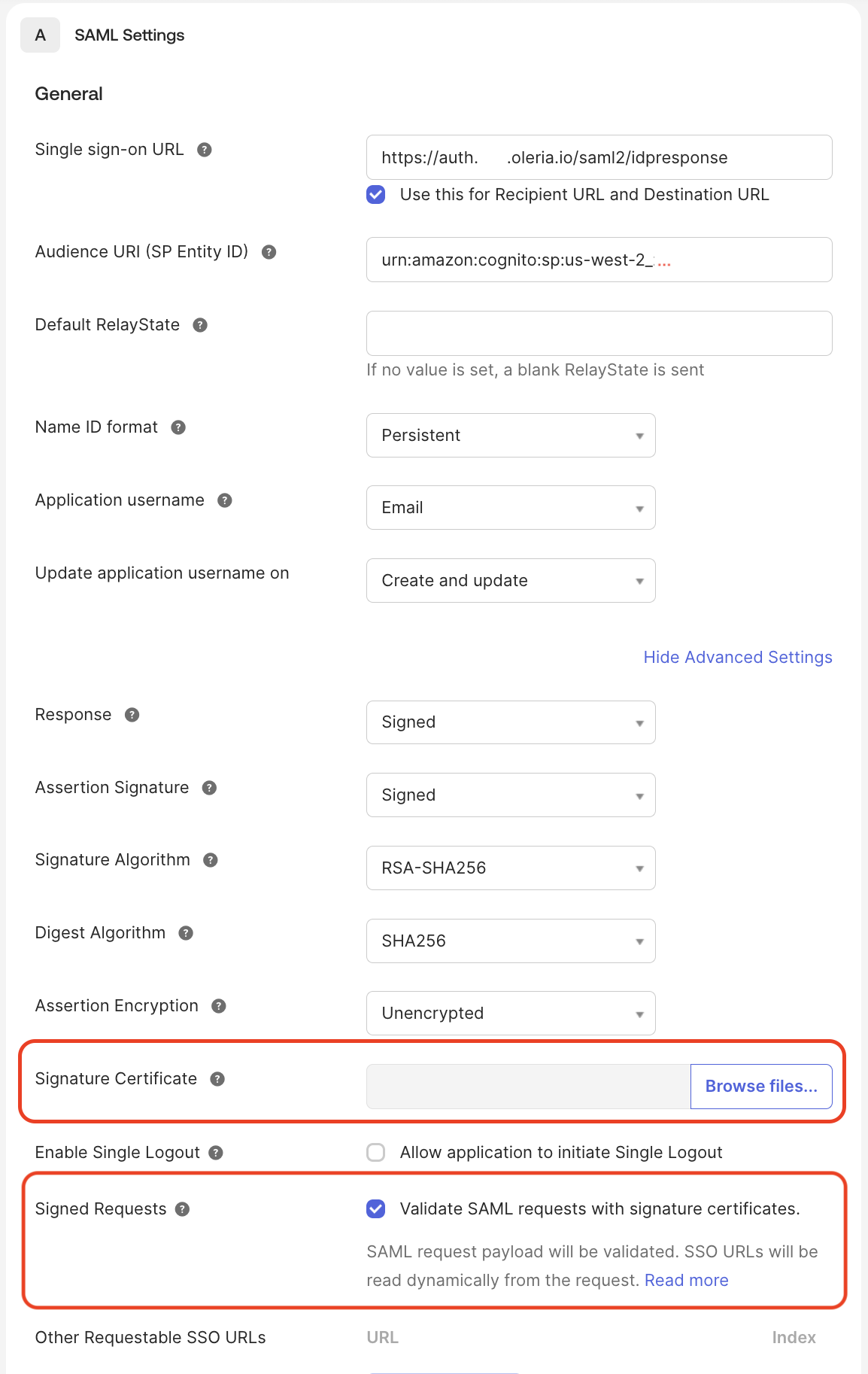 Image of Okta's SAML Settings advanced settings with Signature Certificate upload