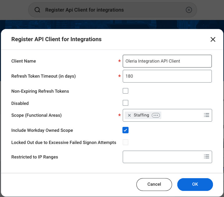 Select the Include Workday Owned Scope checkbox