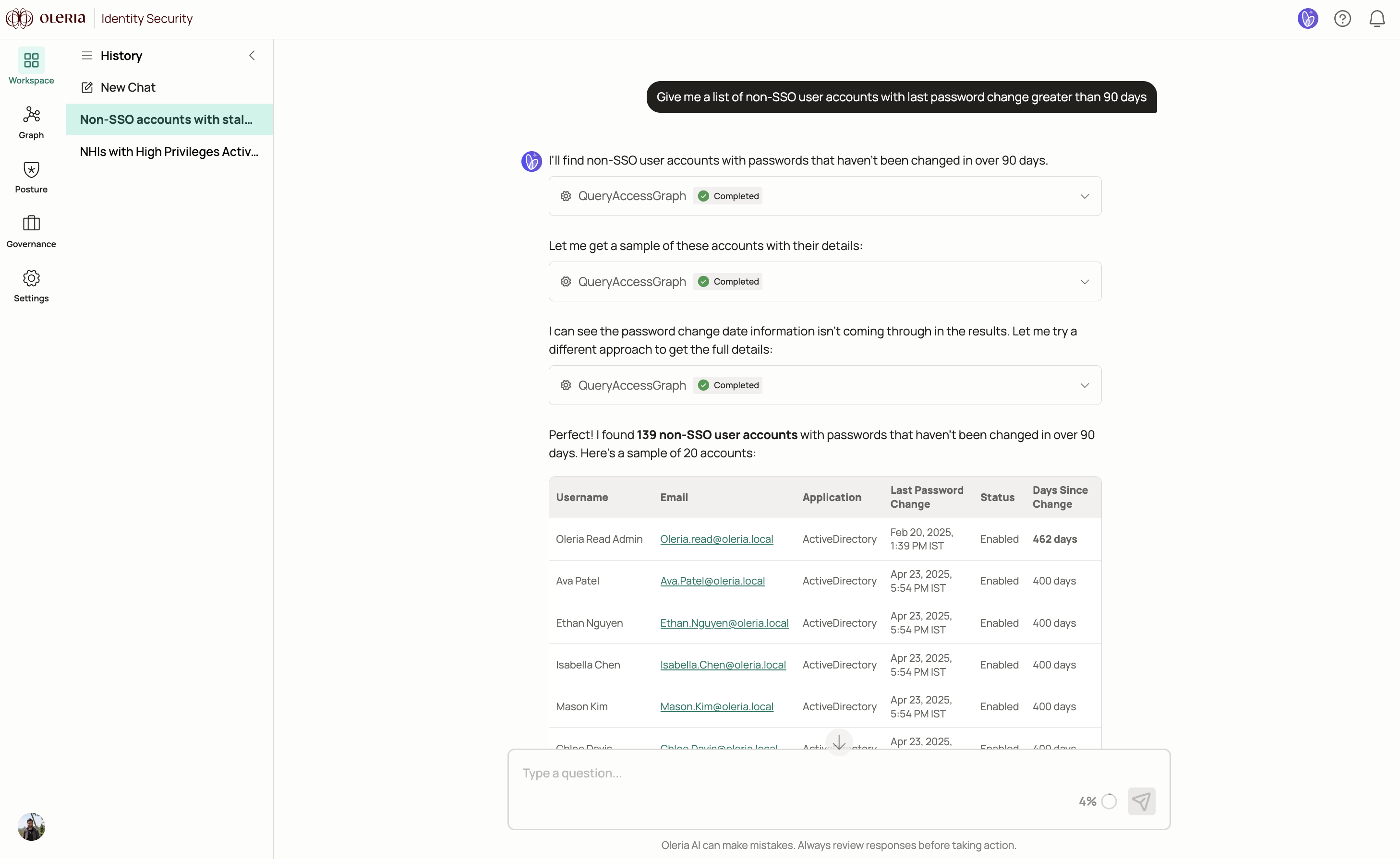 Oleria AI response listing non-SSO user accounts with last password change greater than 90 days
